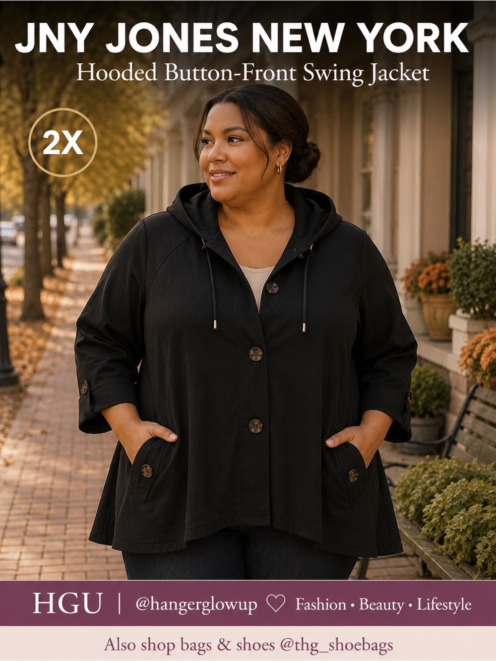 JNY Hooded Button Front Swing Jacket Tunic Black 2X NWT